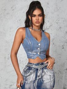 SHEIN SXY Women's Sleeveless Denim Jacket - Light Wash - View 4