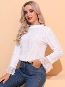 CheersLife Solid Color Long Sleeve Jacquard Knit Loose Casual T-Shirt - White - View 5