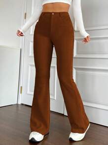 SHEIN EZwear Pantalones de mujeres unicolor amplio largo - Marrón - Ver 1