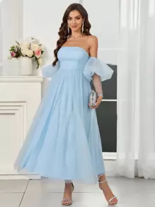 SHEIN Belle 优雅浪漫公主裙露肩泡泡袖网眼面料女士鸡尾酒会礼服婚礼新娘礼服 - 藍色 - 查看 3