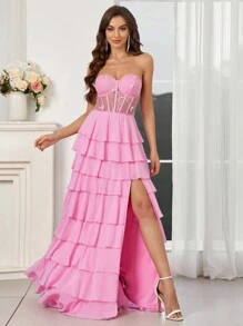 SHEIN Belle Elegante vestido de gala con aplicaciones en el busto, corte asimétrico, abertura alta y volantes en capas, color rosa, para mujeres para el Día de San Valentín