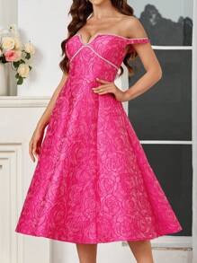 SHEIN Belle Women's Off-Shoulder Dress Rose Red Jacquard Fabric Rhinestones Chain Embellished Chest Suitable For Cocktail Dresses - Pink - View 5