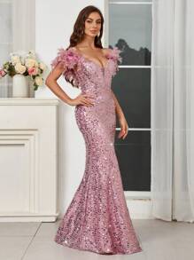 SHEIN Belle Vestido de noche elegante y romántico con lentejuelas brillantes, con hombros decorados con plumas falsas (plumas falsas), elegante para baile de graduación, cena, boda como invitada - Rosa - Ver 6