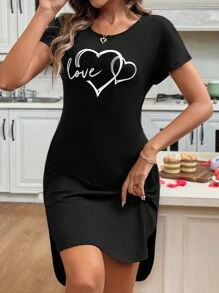 SHEIN LUNE 女士情人節浪漫心形和字母印花舒適裹身洋裝,側開叉口 - 黑色 - 查看 5