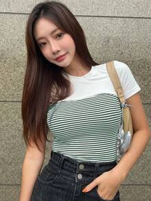 DAZY 顏色拼接條紋短袖t卹 - 綠色 - 查看 5