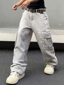 Manfinity Roghcode 男式翻盖口袋和侧面板设计工装牛仔裤（不含腰带） - 灰色 - 查看 5