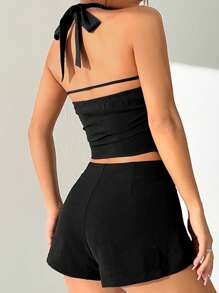 SHEIN EZwear 露背頸掛襯衫和短褲套裝 - 黑色 - 查看 8