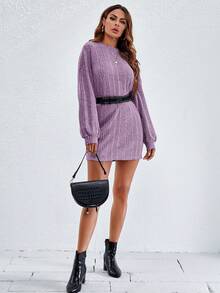 SHEIN LUNE Solid Color Long Sleeve Dress - Purple - View 2