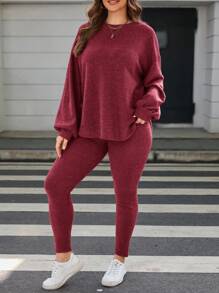 SHEIN LUNE Kích thước lớn Của phụ nữ Vòng cổ Thả vai Tay áo dài Áo Và Quần 2 cái/bộ - Đỏ - Xem 3