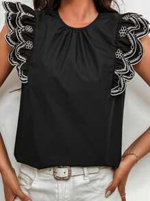 SHEIN Privé 女士盖袖蕾丝拼接圆领衬衫 - 黑色 - 查看 5