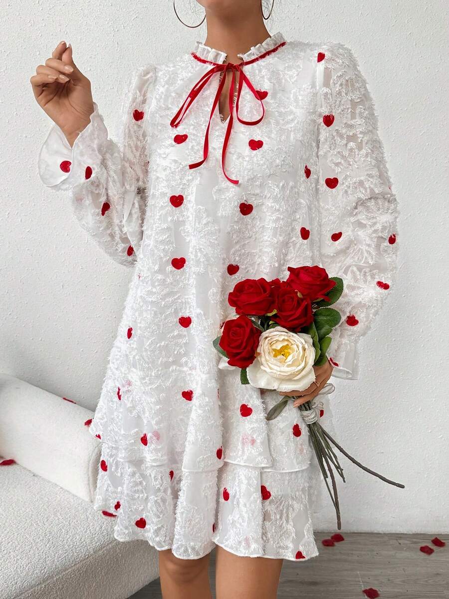 SHEIN Clasi 女式愛心刺繡荷葉邊袖洋裝 - 彩色 - 查看 1