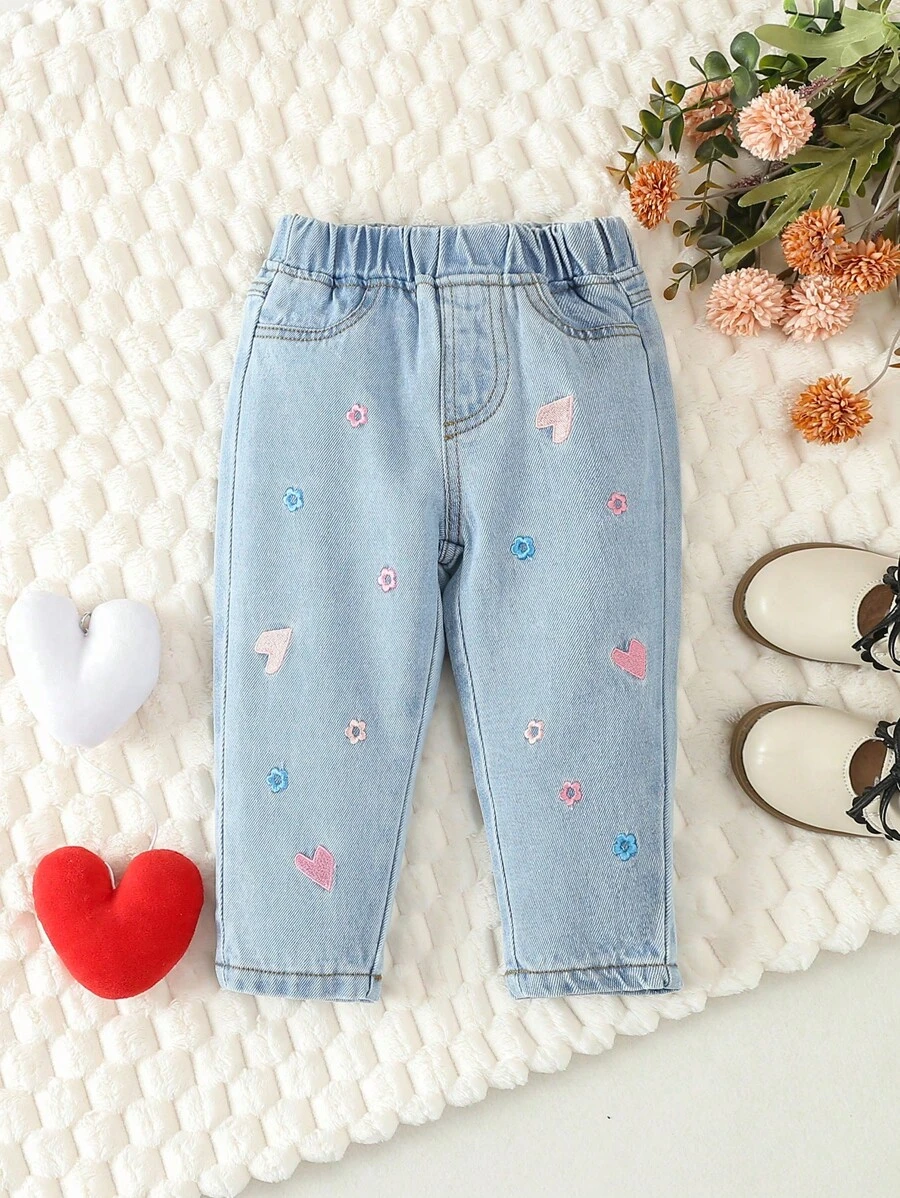Baby Girl Casual Heart & Flower Embroidered Jeans - Light Wash - View 1