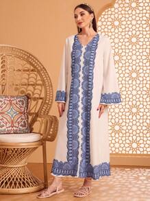 Al Najma 印花鈴袖直身裙 - 白色 - 查看 6