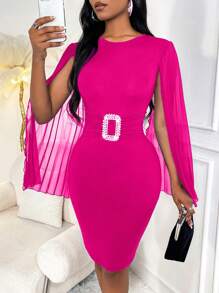 SHEIN Clasi Solid Color Cape Sleeve Dress With Rhinestone Detail - Hot Pink - View 5