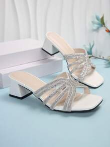 White Square Toe Thin Heeled Sandals For Women, Fashionable French Style Crystal Embellished High Heeled Shoes, Summer & Fall Valentines
