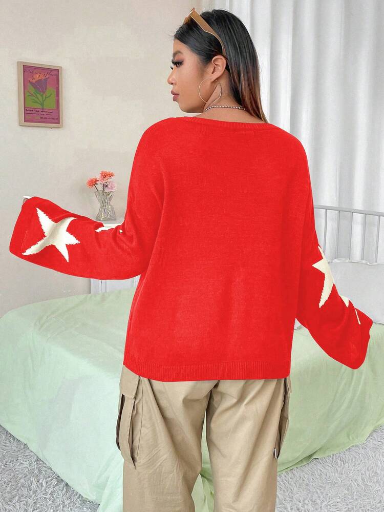 Plus Size Star Pattern Drop Shoulder Sweater Knit Pullover Fall Winter