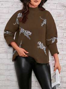 SHEIN LUNE 大尺碼豹紋長袖套頭毛衣 - 摩卡棕 - 查看 1