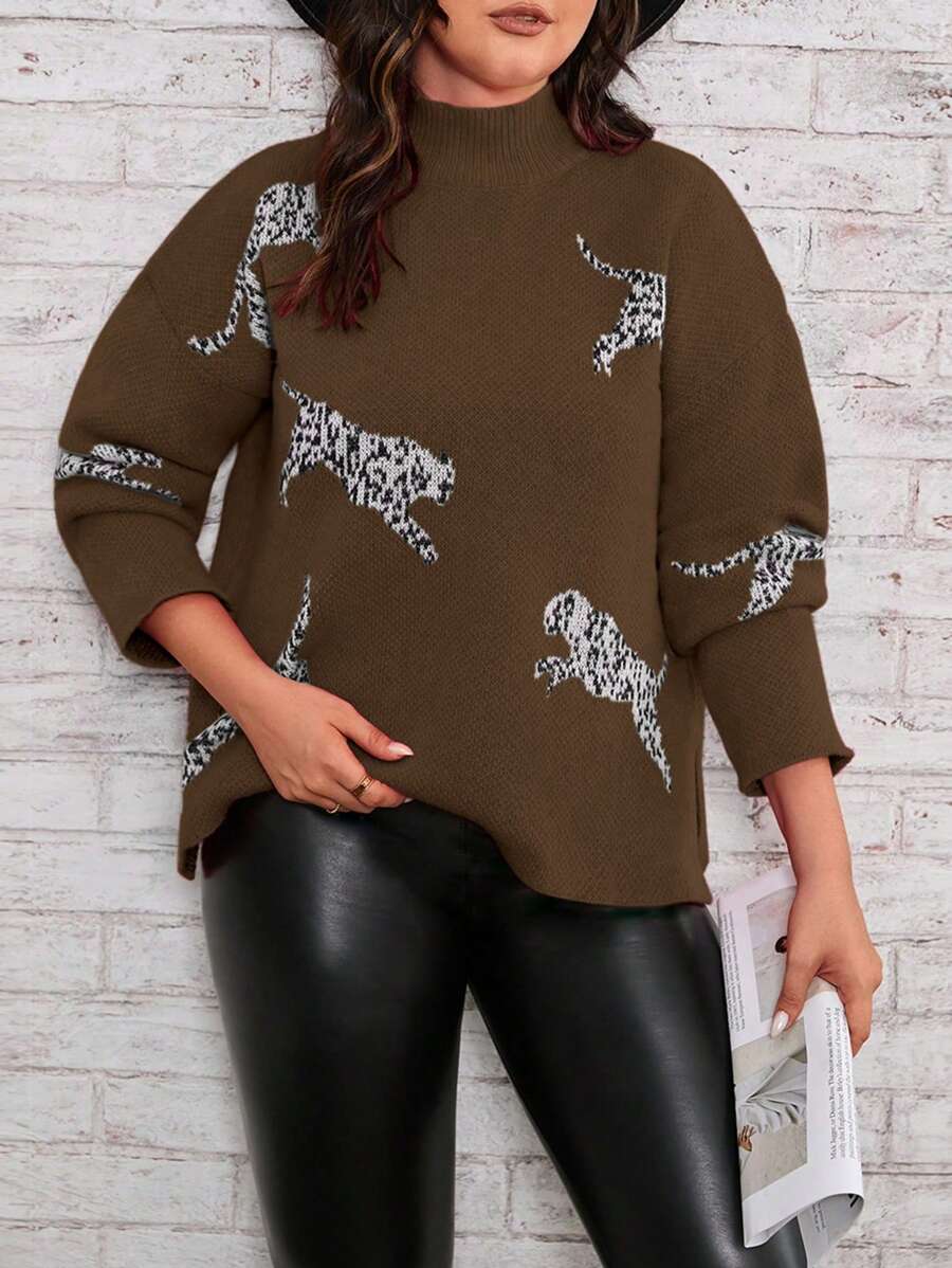 SHEIN LUNE 大尺碼豹紋長袖套頭毛衣 - 摩卡棕 - 查看 1