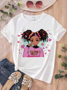 SHEIN Cô gái Tween In Hoạt hình Ngắn tay Áo thun - trắng - Xem 1