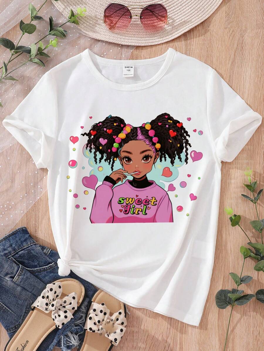 SHEIN Cô gái Tween In Hoạt hình Ngắn tay Áo thun - trắng - Xem 1