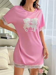 Women's Lace Splicing Teddy Sleep Dress - Pink - View 3