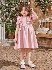 SHEIN Vestido Redondo De Manga Corta De Cuello Redondo Para Niña Adolescente Con Triple Dobladillo Y Diseño Floral De Jacquard - Rosa - Ver 5