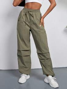 SHEIN Unity Của phụ nữ Xếp li Trở viền Dài Quần - xanh quân đội - Xem 1