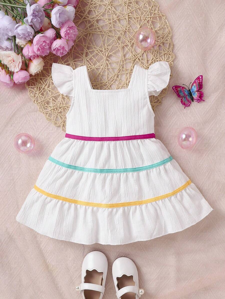 Abito Plissettato Colorato Con Maniche A Pipistrello A Volant Per Bambine, Chiusura Con Zip, Design Semplice, Asciugatura Rapida, Comodo, Per Primavera Ed Estate