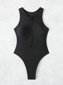 SHEIN Swim 女式半前拉鍊連身泳衣 音樂節 - 黑色 - 查看 7