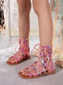 女童羅馬風格平底涼鞋,採用拉鍊閉合,適用於幼兒和小孩夏季穿著 - 玫紅色 - 查看 3