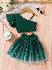 SHEIN Vestido com Ombro Único, Manga Curta, Babado e Saia de Tule com Cinto, Verde, para Meninas Jovens