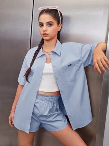 SHEIN 青少女口袋前掉肩袖衫和短褲休閒兩件套裝 - 淺藍色 - 查看 5