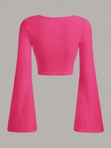 SHEIN EZwear Bell-Sleeved Knitted T-Shirt - Hot Pink - View 2