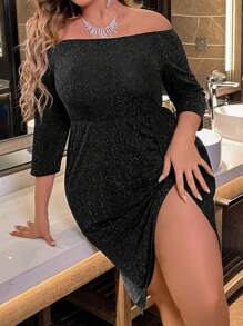SHEIN Clasi Đầm Plus Size Bất đối xứng Xù Tách cao màu trơn Buổi tiệc - màu đen - Xem 7