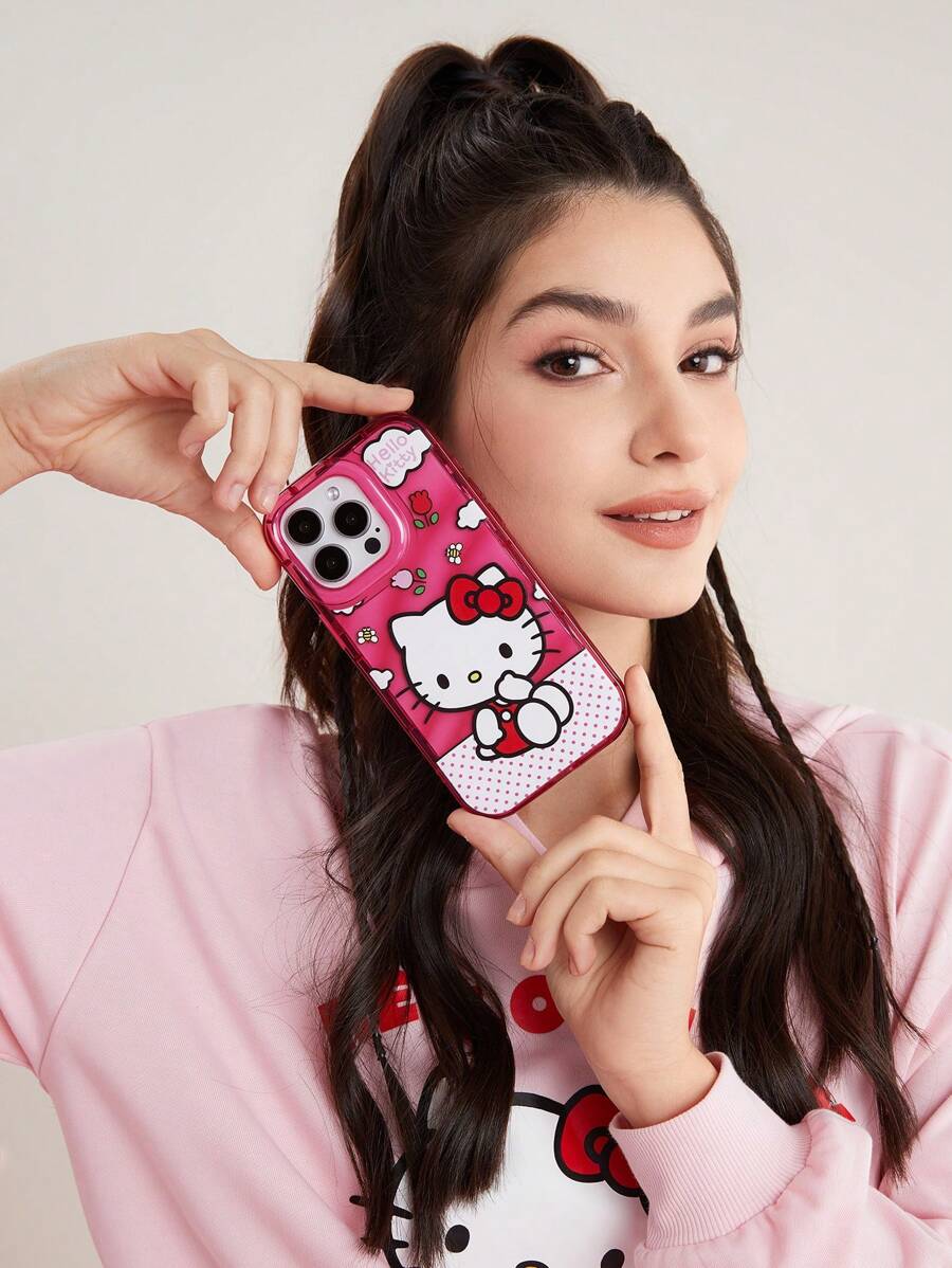 HELLO KITTY AND FRIENDS | SHEIN Pink Cat Print Phone Case, Compatible With IPhone - Rusty Rose - View 1
