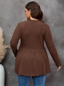 SHEIN LUNE Plus Size Women's Lettuce Edge Hem Peplum T-Shirt - Coffee Brown - View 2