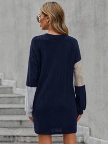 SHEIN LUNE Women's Color Blocking Ribbed Dress - Royal Blue - View 2