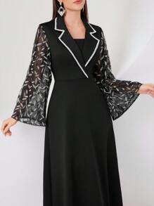 Modelyn 女士刺绣网眼喇叭袖阿拉伯连衣裙，优雅晚会礼服 - 黑色 - 查看 4