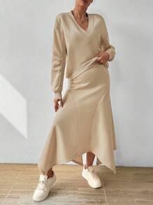 Chiquease 女士鬆身v領長袖2入組 - 卡其色 - 查看 4