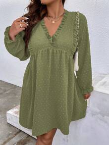 SHEIN Franclia 帶有荷葉邊的大尺碼紋理連衣裙 - 軍綠色 - 查看 4