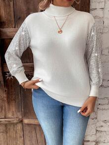 Calvaya Plus Size Women's High Neck Sparkly Long Sleeve Sweater With Patchwork Design - White - View 5