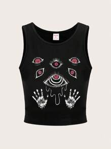 ROMWE Grunge Punk Áo ba lỗ in họa tiết mắt và tay, dáng ôm, đi học - màu đen - Xem 1