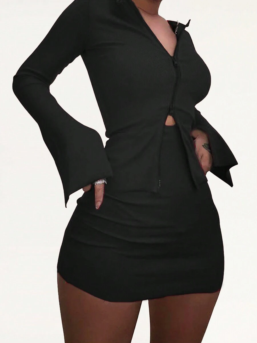 XLLAIS Women's Sexy Double Zipper Long Sleeve Jacket And Mini Skirt 2-Piece Set For Birthday Party - Black - View 1