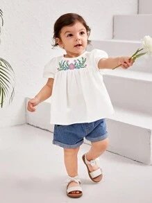 SHEIN Baby Girl Embroidered Pattern White Short Sleeve Top For Summer Vacation - White - View 4