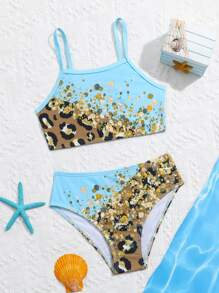 Young Girl Leopard Print Splice Bikini Set Summer Beach - Multicolor - View 1
