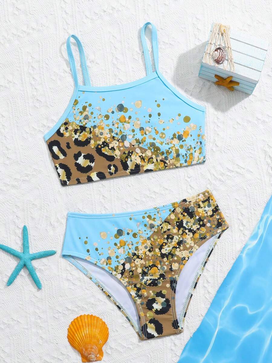 Young Girl Leopard Print Splice Bikini Set Summer Beach - Multicolor - View 1