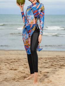 Swim Mulvari 女士長袖單件式泳衣,印有熱帶植物圖案 - 彩色 - 查看 3