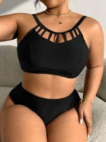 Swim Chiccia Summer Beach Plus Size Solid Color Hollow Out Swimwear Top - Black - View 5