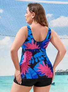 Swim Lushoire Summer Beach Plus Size Tropical Printed Drawstring Bikini Set - Multicolor - View 2