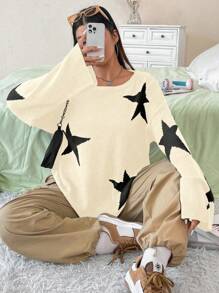 Flirla Plus Size Star Pattern Drop Shoulder Sweater Knit Pullover Fall Winter - Beige - View 1